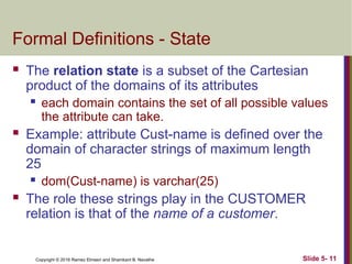 Copyright © 2016 Ramez Elmasri and Shamkant B. Navathe Slide 5- 11
Formal Definitions - State
 The relation state is a subset of the Cartesian
product of the domains of its attributes
 each domain contains the set of all possible values
the attribute can take.
 Example: attribute Cust-name is defined over the
domain of character strings of maximum length
25
 dom(Cust-name) is varchar(25)
 The role these strings play in the CUSTOMER
relation is that of the name of a customer.
 
