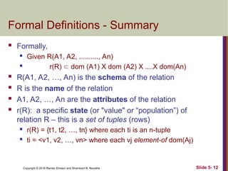 Copyright © 2016 Ramez Elmasri and Shamkant B. Navathe Slide 5- 12
Formal Definitions - Summary
 Formally,
 Given R(A1, A2, .........., An)
 r(R)  dom (A1) X dom (A2) X ....X dom(An)
 R(A1, A2, …, An) is the schema of the relation
 R is the name of the relation
 A1, A2, …, An are the attributes of the relation
 r(R): a specific state (or "value" or “population”) of
relation R – this is a set of tuples (rows)
 r(R) = {t1, t2, …, tn} where each ti is an n-tuple
 ti = <v1, v2, …, vn> where each vj element-of dom(Aj)
 
