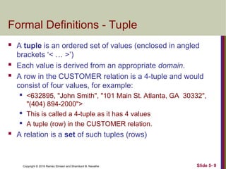 Copyright © 2016 Ramez Elmasri and Shamkant B. Navathe Slide 5- 9
Formal Definitions - Tuple
 A tuple is an ordered set of values (enclosed in angled
brackets ‘< … >’)
 Each value is derived from an appropriate domain.
 A row in the CUSTOMER relation is a 4-tuple and would
consist of four values, for example:
 <632895, "John Smith", "101 Main St. Atlanta, GA 30332",
"(404) 894-2000">
 This is called a 4-tuple as it has 4 values
 A tuple (row) in the CUSTOMER relation.
 A relation is a set of such tuples (rows)
 