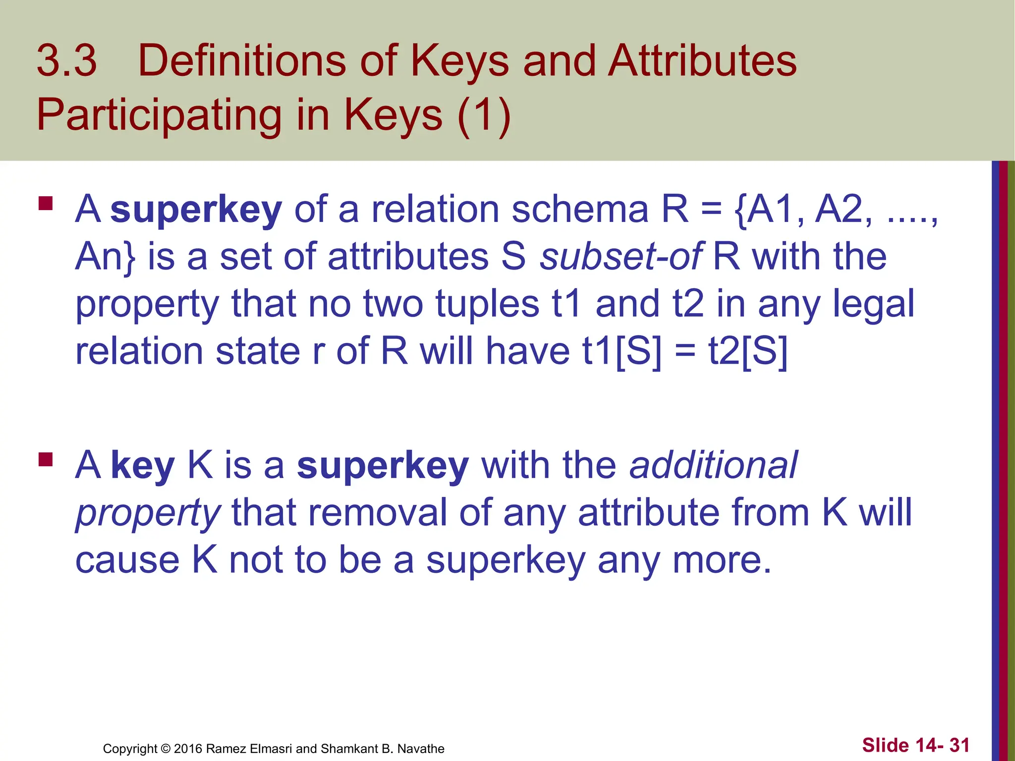 Copyright © 2016 Ramez Elmasri and Shamkant B. Navathe 3.3 Definitions of Keys and Attributes Participating in Keys (1)  A superkey of a relation schema R = {A1, A2, ...., An} is a set of attributes S subset-of R with the property that no two tuples t1 and t2 in any legal relation state r of R will have t1[S] = t2[S]  A key K is a superkey with the additional property that removal of any attribute from K will cause K not to be a superkey any more. Slide 14- 31 