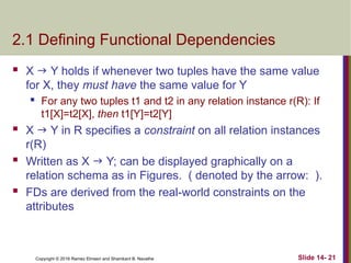 Copyright © 2016 Ramez Elmasri and Shamkant B. Navathe
2.1 Defining Functional Dependencies
 X  Y holds if whenever two tuples have the same value
for X, they must have the same value for Y
 For any two tuples t1 and t2 in any relation instance r(R): If
t1[X]=t2[X], then t1[Y]=t2[Y]
 X  Y in R specifies a constraint on all relation instances
r(R)
 Written as X  Y; can be displayed graphically on a
relation schema as in Figures. ( denoted by the arrow: ).
 FDs are derived from the real-world constraints on the
attributes
Slide 14- 21
 