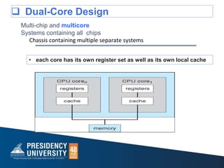  Dual-Core Design
Multi-chip and multicore
Systems containing all chips
Chassis containing multiple separate systems
• each core has its own register set as well as its own local cache
 