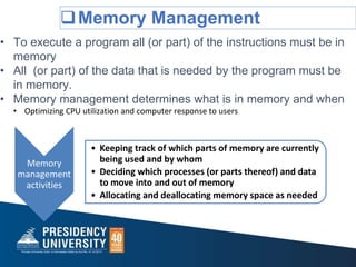Memory Management
• To execute a program all (or part) of the instructions must be in
memory
• All (or part) of the data that is needed by the program must be
in memory.
• Memory management determines what is in memory and when
• Optimizing CPU utilization and computer response to users
Memory
management
activities
• Keeping track of which parts of memory are currently
being used and by whom
• Deciding which processes (or parts thereof) and data
to move into and out of memory
• Allocating and deallocating memory space as needed
 