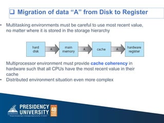  Migration of data “A” from Disk to Register
• Multitasking environments must be careful to use most recent value,
no matter where it is stored in the storage hierarchy
Multiprocessor environment must provide cache coherency in
hardware such that all CPUs have the most recent value in their
cache
• Distributed environment situation even more complex
 