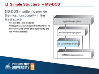  Simple Structure -- MS-DOS
MS-DOS – written to provide
the most functionality in the
least space
Not divided into modules
Although MS-DOS has some structure, its
interfaces and levels of functionality are
not well separated
 