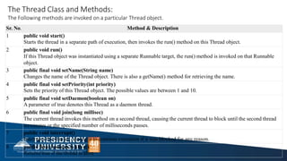 The Thread Class and Methods:
The Following methods are invoked on a particular Thread object.
Sr. No. Method & Description
1 public void start()
Starts the thread in a separate path of execution, then invokes the run() method on this Thread object.
2 public void run()
If this Thread object was instantiated using a separate Runnable target, the run() method is invoked on that Runnable
object.
3 public final void setName(String name)
Changes the name of the Thread object. There is also a getName() method for retrieving the name.
4 public final void setPriority(int priority)
Sets the priority of this Thread object. The possible values are between 1 and 10.
5 public final void setDaemon(boolean on)
A parameter of true denotes this Thread as a daemon thread.
6 public final void join(long millisec)
The current thread invokes this method on a second thread, causing the current thread to block until the second thread
terminates or the specified number of milliseconds passes.
7 public void interrupt()
Interrupts this thread, causing it to continue execution if it was blocked for any reason.
8 public final boolean isAlive()
Returns true if the thread is alive
 