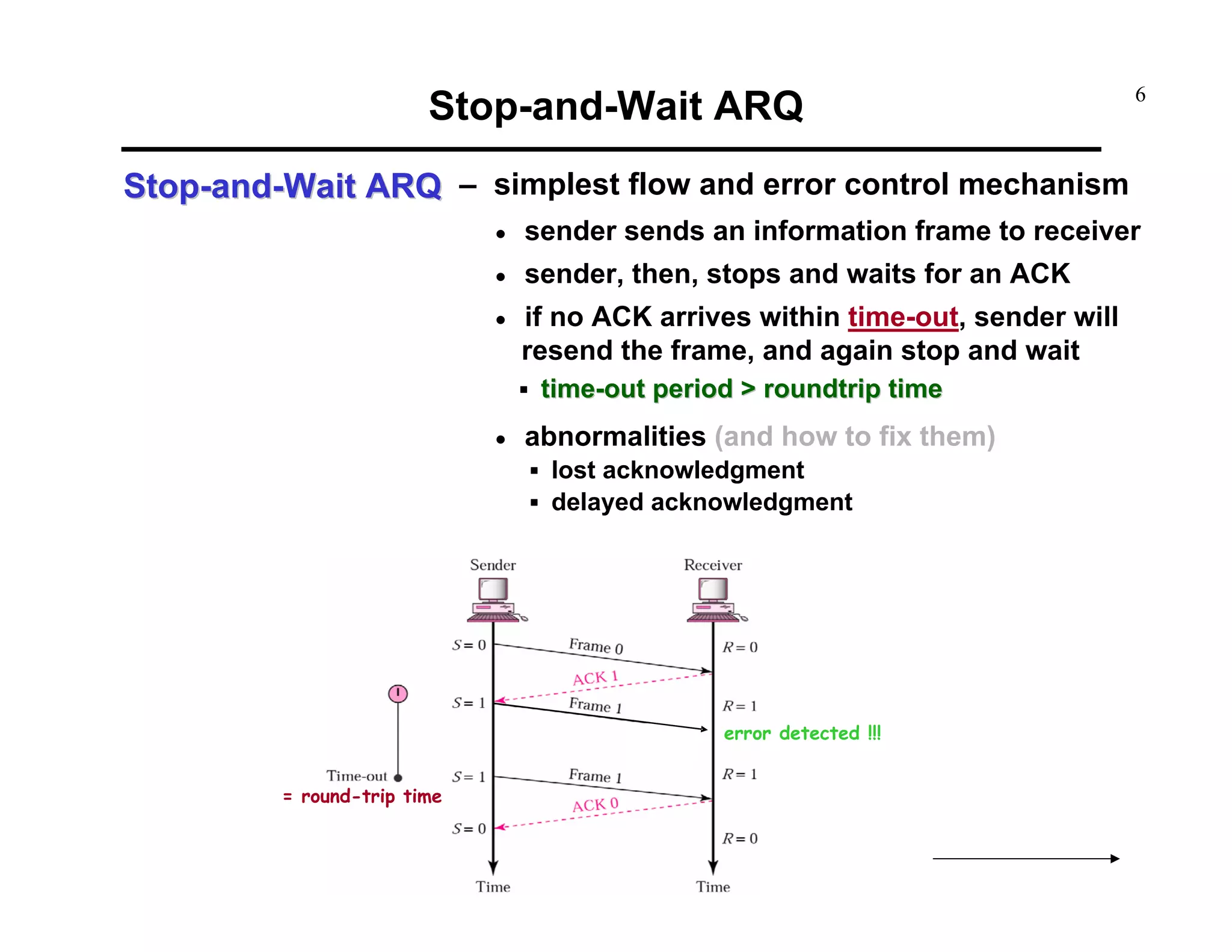 Stop-and-Wait ARQ

6

Stop-and-Wait ARQ – simplest flow and error control mechanism
•

sender sends an information frame to receiver

•

sender, then, stops and waits for an ACK

•

if no ACK arrives within time-out, sender will
resend the frame, and again stop and wait
time-out period > roundtrip time

•

abnormalities (and how to fix them)
lost acknowledgment
delayed acknowledgment

error detected !!!
= round-trip time

 