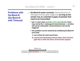 Go-Back-N ARQ (cont.)
Problems with
Go-Back-N
(Go-Back-N
with Timeout)

•

21

Go-Back-N works correctly (retransmission of
damaged frames gets triggered) as long as the
sender has an unlimited supply of packets that
need to be transmitted
but, in case when packets arrive sporadically, there
may not be Ws-1 subsequent transmissions ⇒ window
will not be exhausted, retransmissions will not be
triggered
this problem can be resolved by modifying Go-Back-N
such that:
1) set a timer for each sent frame
2) resend all outstanding frames either when window

gets full or when the timer of first frame expires

Window size
5

6

7

0

1

2

3

4

5

6

7

0

1

2

3

 