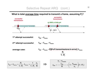 Selective Repeat ARQ (cont.)

32

What is total average time required to transmit a frame, assuming Pf?
successful
transmission

successful
transmission

on NAK or time-out
0 1 2 3 4 5 6 7 8 9 1011

0 1 2 3 4 5 R 6 7 8 9 101112

tframe
NAK 0

1st attempt successful:

t SR = t frame

2nd attempt successful:

t SR = t frame + t frame

average case:

t SR = t frame + E[# of transmissions in error] ⋅ t frame
Pf
1 − Pf

t SR = t frame +

Pf
1 nf
⋅ t frame =
⋅
1− Pf
1− Pf R

⇒

ηSR

nf − nheader
⎛ n
t SR
= ⎜1− header
=
⎜
R
nf
⎝

⎞
⎟(1− Pf )
⎟
⎠

 