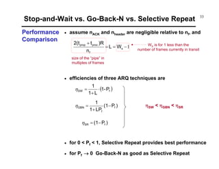 Stop-and-Wait vs. Go-Back-N vs. Selective Repeat
Performance
Comparison

•

33

assume nACK and nheader are negligible relative to nf, and
2(t prop + t proc )R
nf

= L = Ws − 1

WS is for 1 less than the
number of frames currently in transit

size of the “pipe” in
multiples of frames

•

efficiencies of three ARQ techniques are

ηSW =

1
⋅ (1- Pf )
1+ L

ηGBN =

1
(1− Pf )
1+ LPf

ηSW < ηGBN < ηSR

ηSR = (1− Pf )

•

for 0 < Pf < 1, Selective Repeat provides best performance

•

for Pf → 0 Go-Back-N as good as Selective Repeat

 