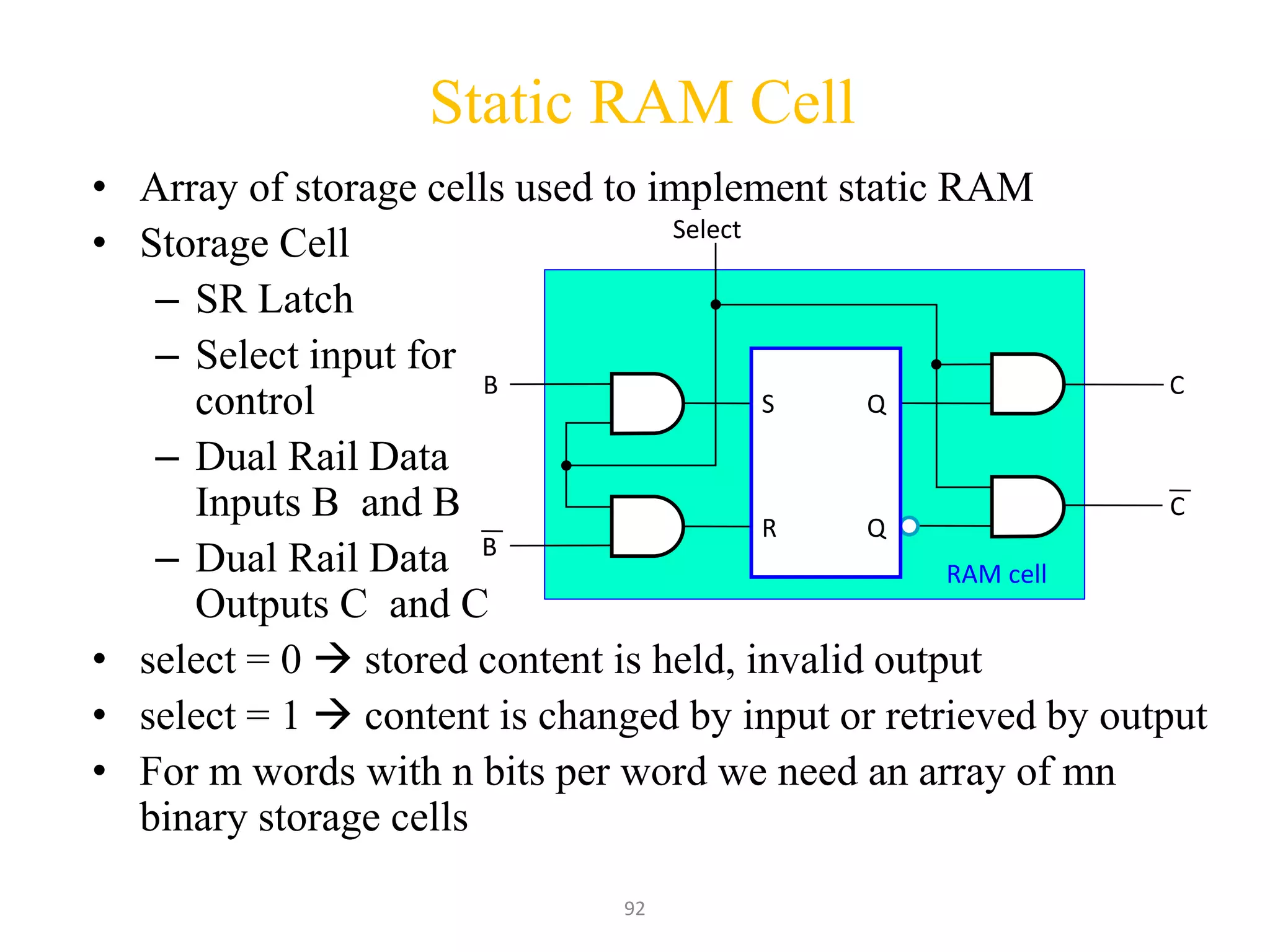 92
Static RAM Cell
• Array of storage cells used to implement static RAM
• Storage Cell
– SR Latch
– Select input for
control
– Dual Rail Data
Inputs B and B
– Dual Rail Data
Outputs C and C
• select = 0  stored content is held, invalid output
• select = 1  content is changed by input or retrieved by output
• For m words with n bits per word we need an array of mn
binary storage cells
Select
B
RAM cell
C
C
B
S
R
Q
Q
 