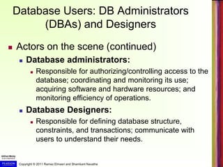 Copyright © 2011 Ramez Elmasri and Shamkant Navathe
Database Users: DB Administrators
(DBAs) and Designers
 Actors on the scene (continued)
 Database administrators:
 Responsible for authorizing/controlling access to the
database; coordinating and monitoring its use;
acquiring software and hardware resources; and
monitoring efficiency of operations.
 Database Designers:
 Responsible for defining database structure,
constraints, and transactions; communicate with
users to understand their needs.
 
