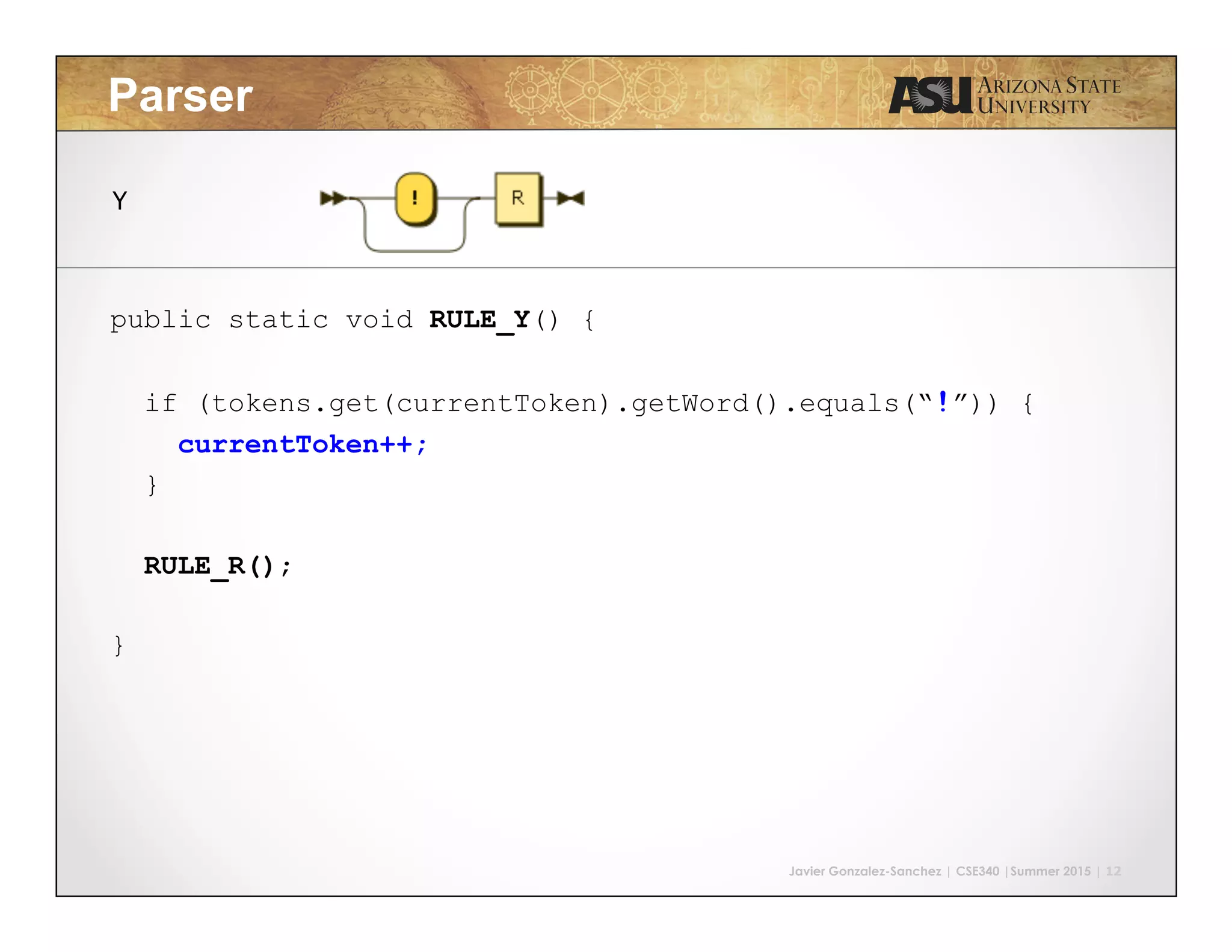 Javier Gonzalez-Sanchez | CSE340 |Summer 2015 | 12 Parser public static void RULE_Y() { if (tokens.get(currentToken).getWord().equals(“!”)) { currentToken++; } RULE_R(); } Y 