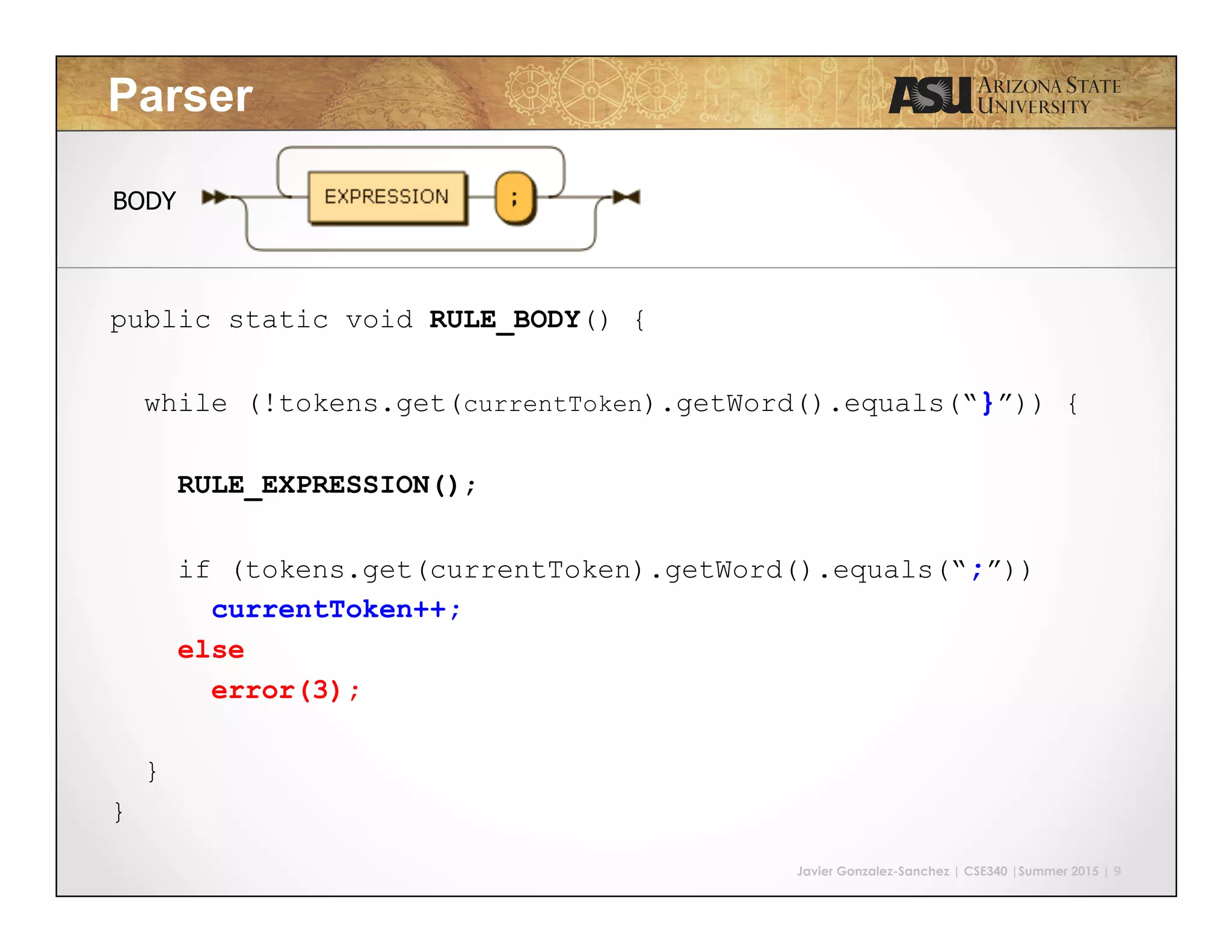Javier Gonzalez-Sanchez | CSE340 |Summer 2015 | 9 Parser public static void RULE_BODY() { while (!tokens.get(currentToken).getWord().equals(“}”)) { RULE_EXPRESSION(); if (tokens.get(currentToken).getWord().equals(“;”)) currentToken++; else error(3); } } BODY 