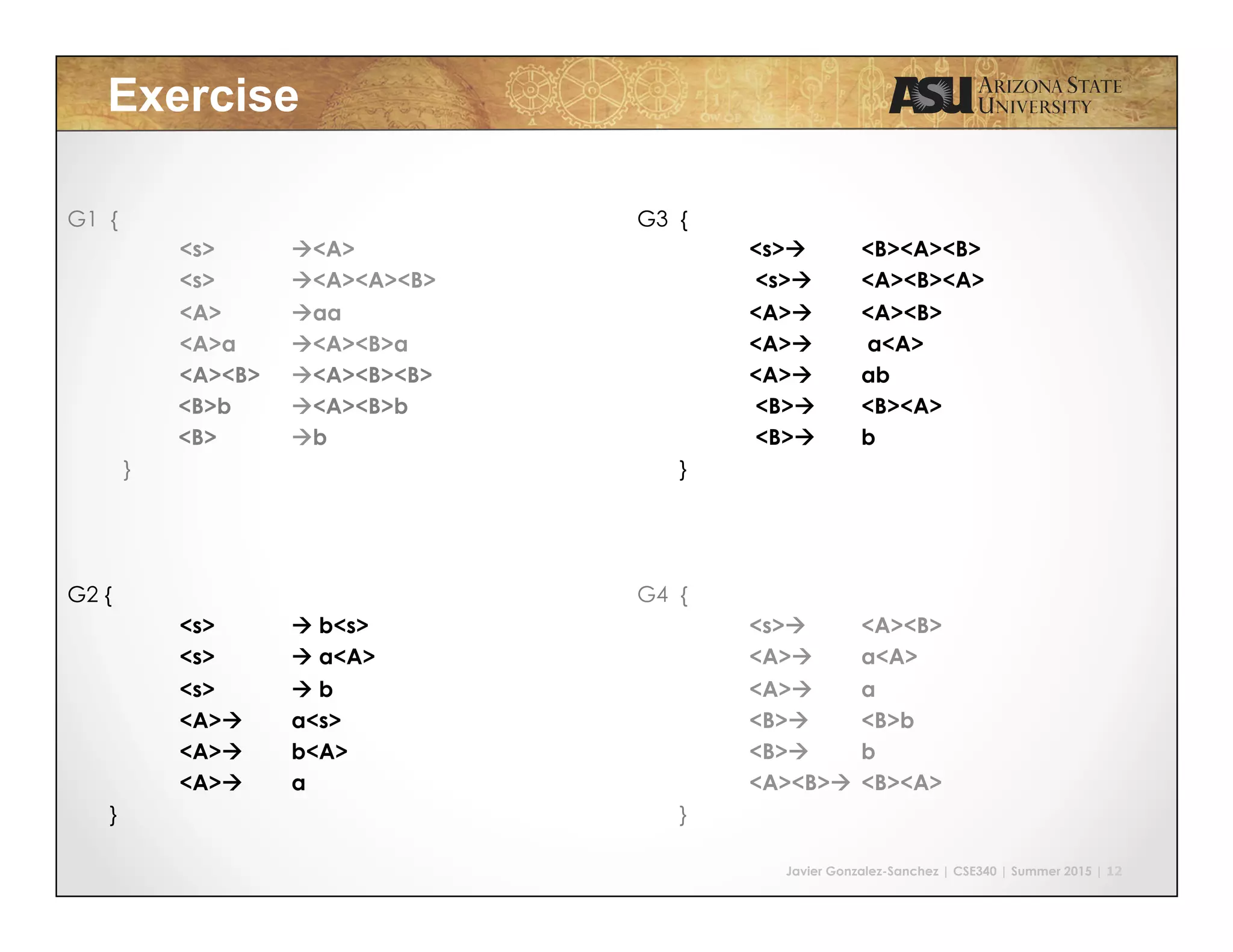 Javier Gonzalez-Sanchez | CSE340 | Summer 2015 | 12
Exercise
G3 {
<s>à <B><A><B>
<s>à <A><B><A>
<A>à <A><B>
<A>à a<A>
<A>à ab
<B>à <B><A>
<B>à b
}
G4 {
<s>à <A><B>
<A>à a<A>
<A>à a
<B>à <B>b
<B>à b
<A><B>à <B><A>
}
G1 {
<s> à<A>
<s> à<A><A><B>
<A> àaa
<A>a à<A><B>a
<A><B> à<A><B><B>
<B>b à<A><B>b
<B> àb
}
G2 {
<s> à b<s>
<s> à a<A>
<s> à b
<A>à a<s>
<A>à b<A>
<A>à a
}
 