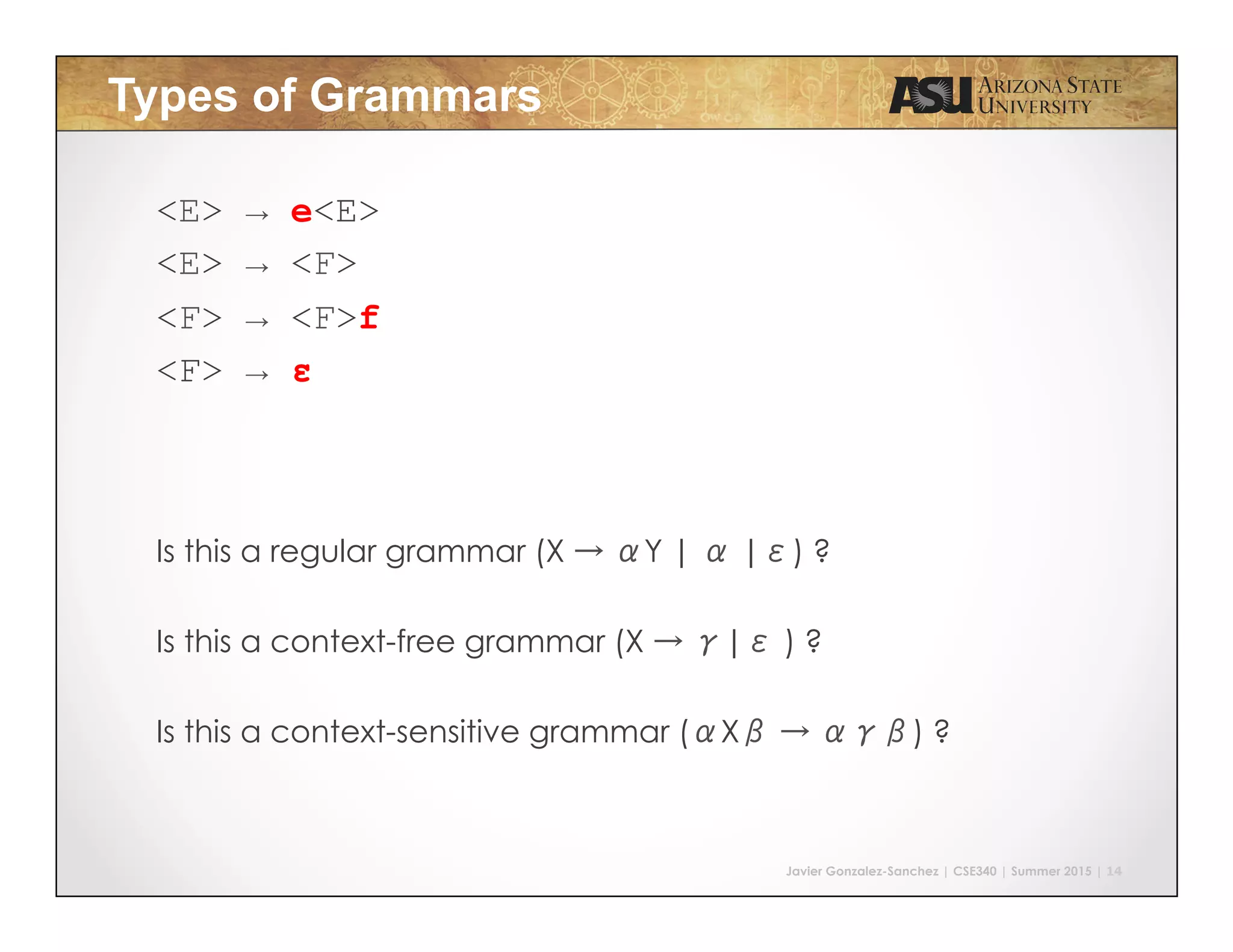 Javier Gonzalez-Sanchez | CSE340 | Summer 2015 | 14
Types of Grammars
<E> → e<E>
<E> → <F>
<F> → <F>f
<F> → ε
Is this a regular grammar (X → αY | α |ε) ?
Is this a context-free grammar (X → γ|ε ) ?
Is this a context-sensitive grammar (αXβ → αγβ) ?
 