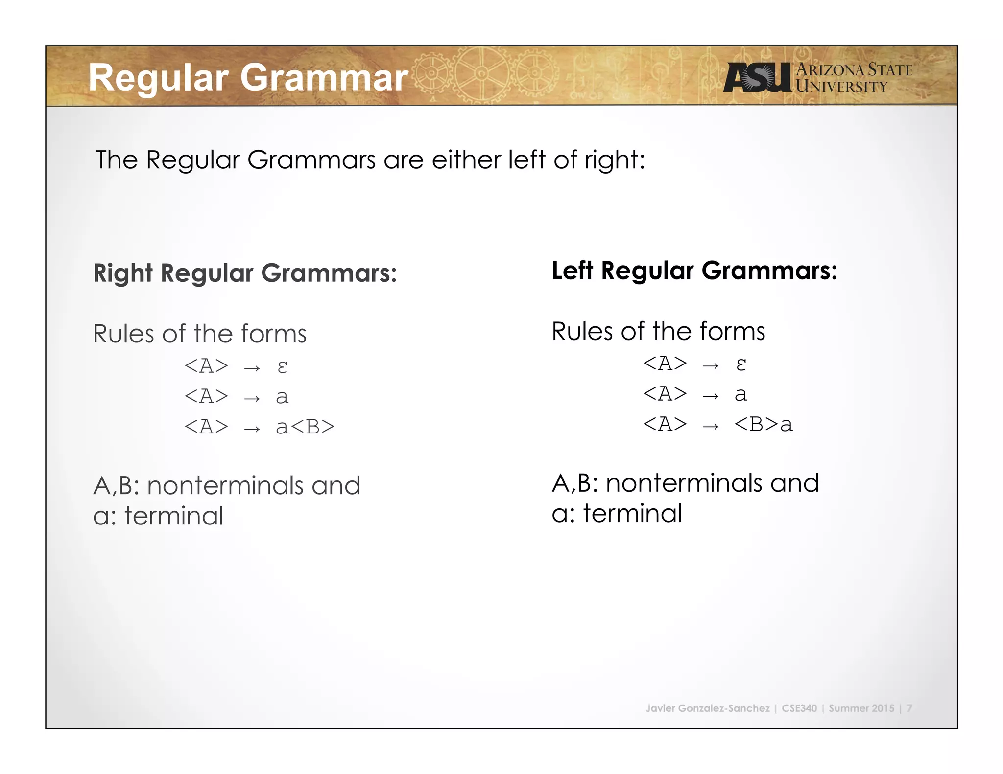 Javier Gonzalez-Sanchez | CSE340 | Summer 2015 | 7
Regular Grammar	
  
Right Regular Grammars:
Rules of the forms
<A> → ε
<A> → a
<A> → a<B>
A,B: nonterminals and
a: terminal
The Regular Grammars are either left of right:
Left Regular Grammars:
Rules of the forms
<A> → ε
<A> → a
<A> → <B>a
A,B: nonterminals and
a: terminal
 
