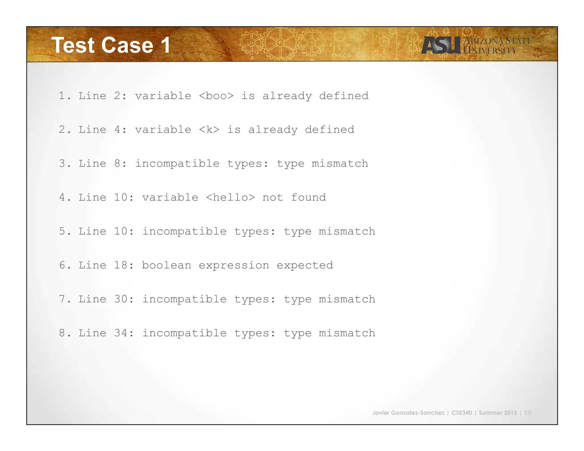 Javier Gonzalez-Sanchez | CSE340 | Summer 2015 | 10
Test Case 1
1.  Line 2: variable <boo> is already defined
2.  Line 4: variable <k> is already defined
3.  Line 8: incompatible types: type mismatch
4.  Line 10: variable <hello> not found
5.  Line 10: incompatible types: type mismatch
6.  Line 18: boolean expression expected
7.  Line 30: incompatible types: type mismatch
8.  Line 34: incompatible types: type mismatch
 