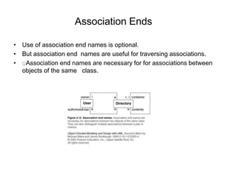 Association Ends
• Use of association end names is optional.
• But association end names are useful for traversing associations.
• ِAssociation end names are necessary for for associations between
objects of the same class.
 