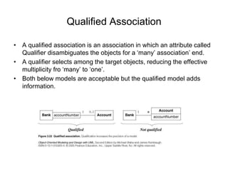 Qualified Association
• A qualified association is an association in which an attribute called
Qualifier disambiguates the objects for a ‘many’ association’ end.
• A qualifier selects among the target objects, reducing the effective
multiplicity fro ‘many’ to ‘one’.
• Both below models are acceptable but the qualified model adds
information.
 