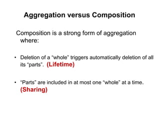 Aggregation versus Composition
Composition is a strong form of aggregation
where:
• Deletion of a “whole” triggers automatically deletion of all
its “parts”. (Lifetime)
• “Parts” are included in at most one “whole” at a time.
(Sharing)
 