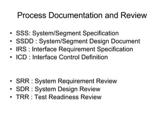 Process Documentation and Review SSS:  System/Segment Specification  SSDD : System/Segment Design Document  IRS : Interface Requirement Specification ICD : Interface Control Definition SRR : System Requirement Review SDR : System Design Review TRR : Test Readiness Review 