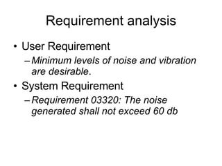 Requirement analysis User Requirement Minimum levels of noise and vibration are desirable . System Requirement Requirement 03320: The noise generated shall not exceed 60 db 