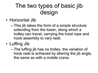 The two types of basic jib design Horizontal Jib  This jib takes the form of a simple structure extending from the tower, along which a trolley can travel, carrying the hoist rope and hook assembly to vary radii. Luffing Jib  The luffing jib has no trolley, the variation of hook radii is achieved by altering the jib angle, the same as with a mobile crane. 