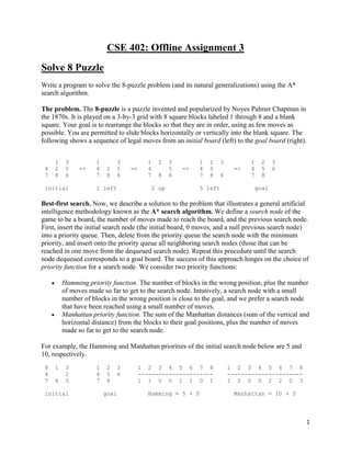 1
CSE 402: Offline Assignment 3
Solve 8 Puzzle
Write a program to solve the 8-puzzle problem (and its natural generalizations) using the A*
search algorithm.
The problem. The 8-puzzle is a puzzle invented and popularized by Noyes Palmer Chapman in
the 1870s. It is played on a 3-by-3 grid with 8 square blocks labeled 1 through 8 and a blank
square. Your goal is to rearrange the blocks so that they are in order, using as few moves as
possible. You are permitted to slide blocks horizontally or vertically into the blank square. The
following shows a sequence of legal moves from an initial board (left) to the goal board (right).
1 3 1 3 1 2 3 1 2 3 1 2 3
4 2 5 => 4 2 5 => 4 5 => 4 5 => 4 5 6
7 8 6 7 8 6 7 8 6 7 8 6 7 8
initial 1 left 2 up 5 left goal
Best-first search. Now, we describe a solution to the problem that illustrates a general artificial
intelligence methodology known as the A* search algorithm. We define a search node of the
game to be a board, the number of moves made to reach the board, and the previous search node.
First, insert the initial search node (the initial board, 0 moves, and a null previous search node)
into a priority queue. Then, delete from the priority queue the search node with the minimum
priority, and insert onto the priority queue all neighboring search nodes (those that can be
reached in one move from the dequeued search node). Repeat this procedure until the search
node dequeued corresponds to a goal board. The success of this approach hinges on the choice of
priority function for a search node. We consider two priority functions:
 Hamming priority function. The number of blocks in the wrong position, plus the number
of moves made so far to get to the search node. Intutively, a search node with a small
number of blocks in the wrong position is close to the goal, and we prefer a search node
that have been reached using a small number of moves.
 Manhattan priority function. The sum of the Manhattan distances (sum of the vertical and
horizontal distance) from the blocks to their goal positions, plus the number of moves
made so far to get to the search node.
For example, the Hamming and Manhattan priorities of the initial search node below are 5 and
10, respectively.
8 1 3 1 2 3 1 2 3 4 5 6 7 8 1 2 3 4 5 6 7 8
4 2 4 5 6 ---------------------- ----------------------
7 6 5 7 8 1 1 0 0 1 1 0 1 1 2 0 0 2 2 0 3
initial goal Hamming = 5 + 0 Manhattan = 10 + 0
 