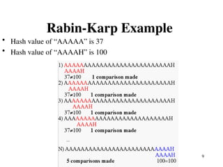 9
Rabin-Karp Example
• Hash value of “AAAAA” is 37
• Hash value of “AAAAH” is 100
 