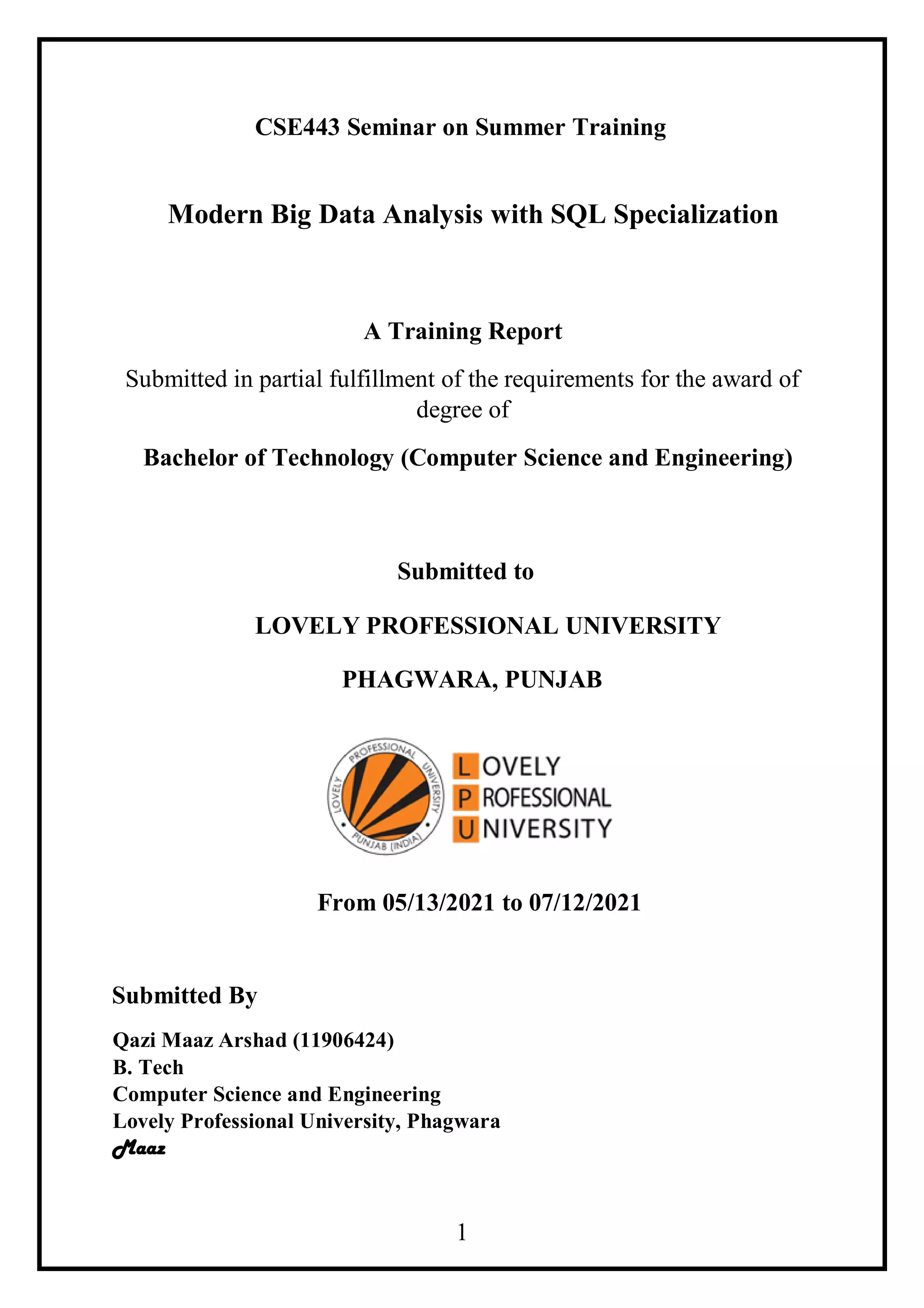 Cse443 Project Report - LPU (Modern Big Data Analysis with SQL ...