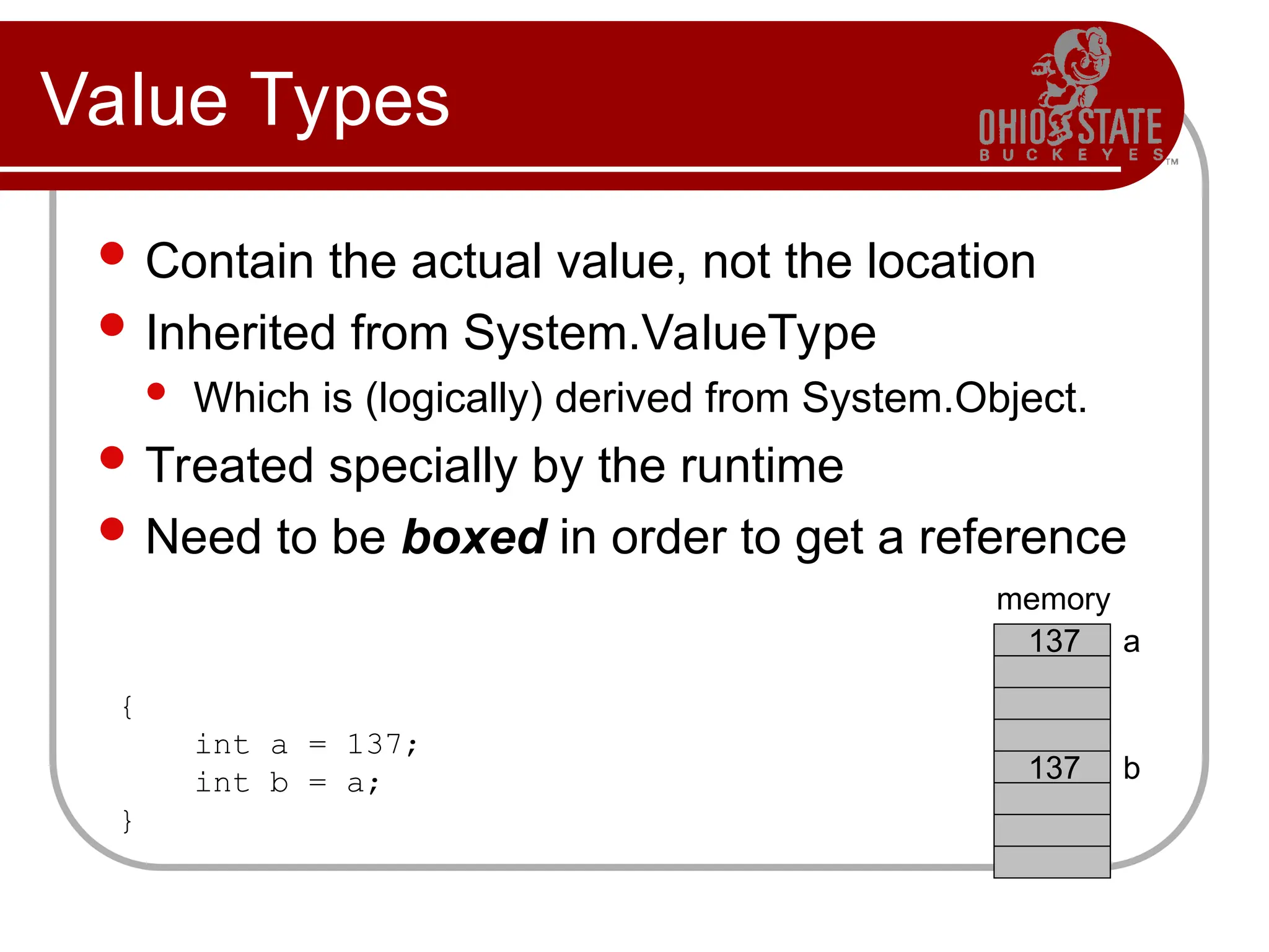 Value Types
 Contain the actual value, not the location
 Inherited from System.ValueType
 Which is (logically) derived from System.Object.
 Treated specially by the runtime
 Need to be boxed in order to get a reference
memory
{
int a = 137;
int b = a;
}
a
b
137
137
 