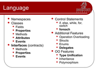 Language
 Namespaces
 Classes
 Fields
 Properties
 Methods
 Attributes
 Events
 Interfaces (contracts)
 Methods
 Properties
 Events
 Control Statements
 if, else, while, for,
switch
 foreach
 Additional Features
 Operation Overloading
 Structs
 Enums
 Delegates
 OO Features
 Type Unification
 Inheritance
 Polymorphism
 
