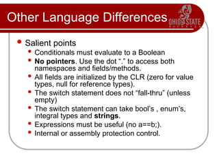 Other Language Differences
 Salient points
 Conditionals must evaluate to a Boolean
 No pointers. Use the dot “.” to access both
namespaces and fields/methods.
 All fields are initialized by the CLR (zero for value
types, null for reference types).
 The switch statement does not “fall-thru” (unless
empty)
 The switch statement can take bool’s , enum’s,
integral types and strings.
 Expressions must be useful (no a==b;).
 Internal or assembly protection control.
 