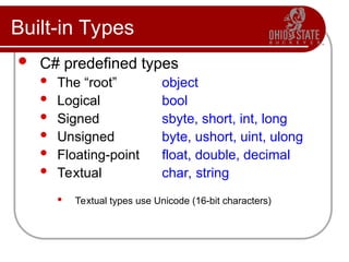 Built-in Types
 C# predefined types
 The “root” object
 Logical bool
 Signed sbyte, short, int, long
 Unsigned byte, ushort, uint, ulong
 Floating-point float, double, decimal
 Textual char, string
 Textual types use Unicode (16-bit characters)
 