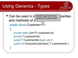 Using Generics - Types
Can be used in internal fields, properties
and methods of a class:
public struct Customer<T>
{
private static List<T> customerList;
private T customerInfo;
public T CustomerInfo { get; set; }
public int CompareCustomers( T customerInfo );
}
A better type name here
would be TCustomerInfo
 