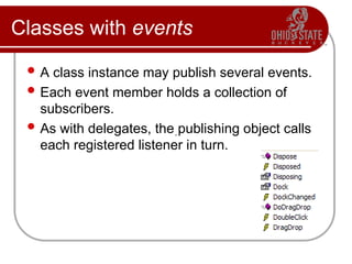 Classes with events
 A class instance may publish several events.
 Each event member holds a collection of
subscribers.
 As with delegates, the publishing object calls
each registered listener in turn.
.
 