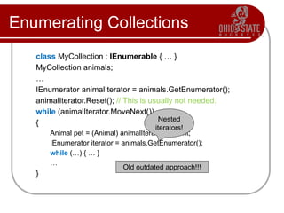 Enumerating Collections
class MyCollection : IEnumerable { … }
MyCollection animals;
…
IEnumerator animalIterator = animals.GetEnumerator();
animalIterator.Reset(); // This is usually not needed.
while (animalIterator.MoveNext())
{
Animal pet = (Animal) animalIterator.Current;
IEnumerator iterator = animals.GetEnumerator();
while (…) { … }
…
}
Nested
iterators!
Old outdated approach!!!
 