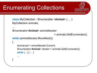 Enumerating Collections
class MyCollection : IEnumerable <Animal> { … }
MyCollection animals;
…
IEnumerator<Animal> animalIterator
= animals.GetEnumerator();
while (animalIterator.MoveNext())
{
Animal pet = animalIterator.Current;
IEnumerator<Animal> iterator = animals.GetEnumerator();
while (…) { … }
…
}
 