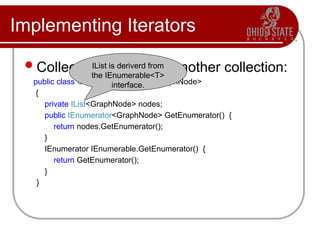 Implementing Iterators
Collections that wrap another collection:
public class Graph : IEnumerable<GraphNode>
{
private IList<GraphNode> nodes;
public IEnumerator<GraphNode> GetEnumerator() {
return nodes.GetEnumerator();
}
IEnumerator IEnumerable.GetEnumerator() {
return GetEnumerator();
}
}
IList is deriverd from
the IEnumerable<T>
interface.
 