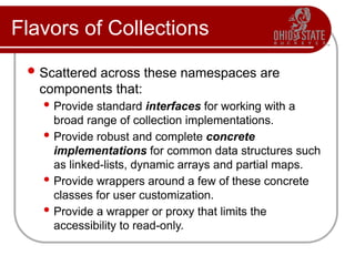 Flavors of Collections
Scattered across these namespaces are
components that:
 Provide standard interfaces for working with a
broad range of collection implementations.
 Provide robust and complete concrete
implementations for common data structures such
as linked-lists, dynamic arrays and partial maps.
 Provide wrappers around a few of these concrete
classes for user customization.
 Provide a wrapper or proxy that limits the
accessibility to read-only.
 