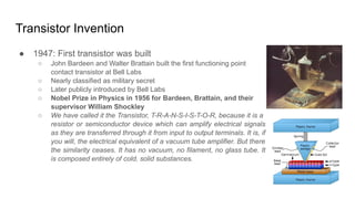 Transistor Invention
● 1947: First transistor was built
○ John Bardeen and Walter Brattain built the first functioning point
contact transistor at Bell Labs
○ Nearly classified as military secret
○ Later publicly introduced by Bell Labs
○ Nobel Prize in Physics in 1956 for Bardeen, Brattain, and their
supervisor William Shockley
○ We have called it the Transistor, T-R-A-N-S-I-S-T-O-R, because it is a
resistor or semiconductor device which can amplify electrical signals
as they are transferred through it from input to output terminals. It is, if
you will, the electrical equivalent of a vacuum tube amplifier. But there
the similarity ceases. It has no vacuum, no filament, no glass tube. It
is composed entirely of cold, solid substances.
 