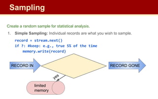 Create a random sample for statistical analysis.
1. Simple Sampling: Individual records are what you wish to sample.
record = stream.next()
if ?: #keep: e.g., true 5% of the time
memory.write(record)
yes
limited
memory
Sampling
RECORD GONE
RECORD IN
 