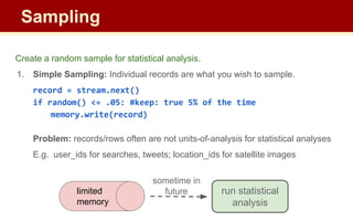 Create a random sample for statistical analysis.
1. Simple Sampling: Individual records are what you wish to sample.
record = stream.next()
if random() <= .05: #keep: true 5% of the time
memory.write(record)
Problem: records/rows often are not units-of-analysis for statistical analyses
E.g. user_ids for searches, tweets; location_ids for satellite images
limited
memory
run statistical
analysis
sometime in
future
Sampling
 