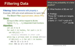 Filtering Data
Filtering: Select elements with property x
Example: 40B safe email addresses for spam filter
The Bloom Filter (approximates; allows FPs)
Given:
|S| keys to filter; will be mapped to |B| bits
hashes = h1,
h2
, …, hk
independent hash functions
Algorithm:
set all B to 0
for each i in hashes, for each s in S:
set B[hi
(s)] = 1
… #usually embedded in other code
while key x arrives next in stream #filter:
if B[hi
(x)] == 1 for all i in hashes:
#do as if x is in S
else: #do as if x not in S
What is the probability of a false
positive?
Q: What fraction of |B| are 1s?
A: Analogy:
Throw |S| * k darts at n targets.
1 dart: 1/n
d darts: (1 - 1/n)d
= prob of 0
= e-d/n
are 0s
(Leskovec et al., 2014)
 