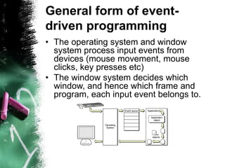 General form of event-
driven programming
• The operating system and window
system process input events from
devices (mous...