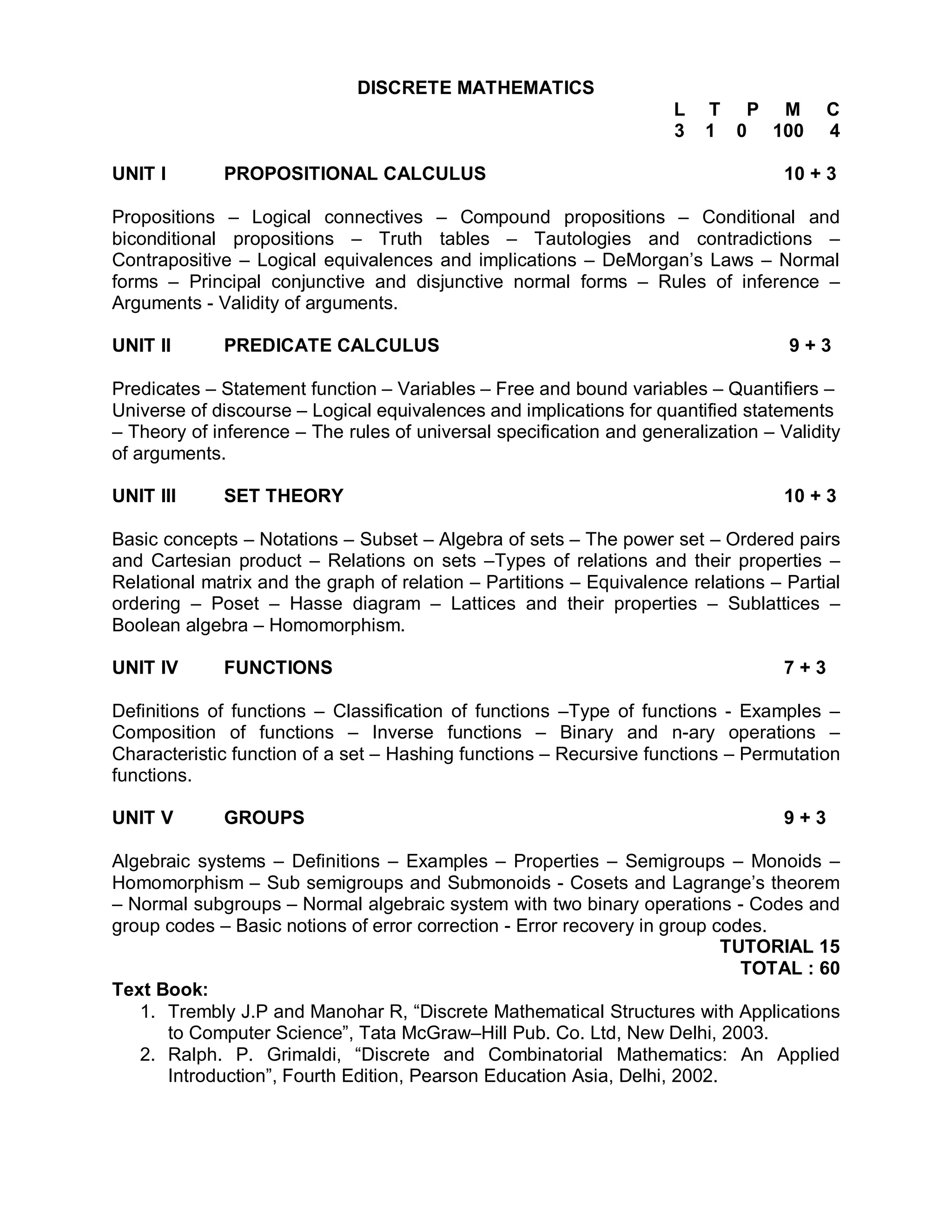 DISCRETE MATHEMATICS
                                                                     L   T P M           C
                                                                     3   1 0 100         4

UNIT I       PROPOSITIONAL CALCULUS                                                10 + 3

Propositions – Logical connectives – Compound propositions – Conditional and
biconditional propositions – Truth tables – Tautologies and contradictions –
Contrapositive – Logical equivalences and implications – DeMorgan’s Laws – Normal
forms – Principal conjunctive and disjunctive normal forms – Rules of inference –
Arguments - Validity of arguments.

UNIT II      PREDICATE CALCULUS                                                    9+3

Predicates – Statement function – Variables – Free and bound variables – Quantifiers –
Universe of discourse – Logical equivalences and implications for quantified statements
– Theory of inference – The rules of universal specification and generalization – Validity
of arguments.

UNIT III     SET THEORY                                                            10 + 3

Basic concepts – Notations – Subset – Algebra of sets – The power set – Ordered pairs
and Cartesian product – Relations on sets –Types of relations and their properties –
Relational matrix and the graph of relation – Partitions – Equivalence relations – Partial
ordering – Poset – Hasse diagram – Lattices and their properties – Sublattices –
Boolean algebra – Homomorphism.

UNIT IV      FUNCTIONS                                                             7+3

Definitions of functions – Classification of functions –Type of functions - Examples –
Composition of functions – Inverse functions – Binary and n-ary operations –
Characteristic function of a set – Hashing functions – Recursive functions – Permutation
functions.

UNIT V       GROUPS                                                                9+3

Algebraic systems – Definitions – Examples – Properties – Semigroups – Monoids –
Homomorphism – Sub semigroups and Submonoids - Cosets and Lagrange’s theorem
– Normal subgroups – Normal algebraic system with two binary operations - Codes and
group codes – Basic notions of error correction - Error recovery in group codes.
                                                                           TUTORIAL 15
                                                                             TOTAL : 60
Text Book:
   1. Trembly J.P and Manohar R, “Discrete Mathematical Structures with Applications
      to Computer Science”, Tata McGraw–Hill Pub. Co. Ltd, New Delhi, 2003.
   2. Ralph. P. Grimaldi, “Discrete and Combinatorial Mathematics: An Applied
      Introduction”, Fourth Edition, Pearson Education Asia, Delhi, 2002.
 