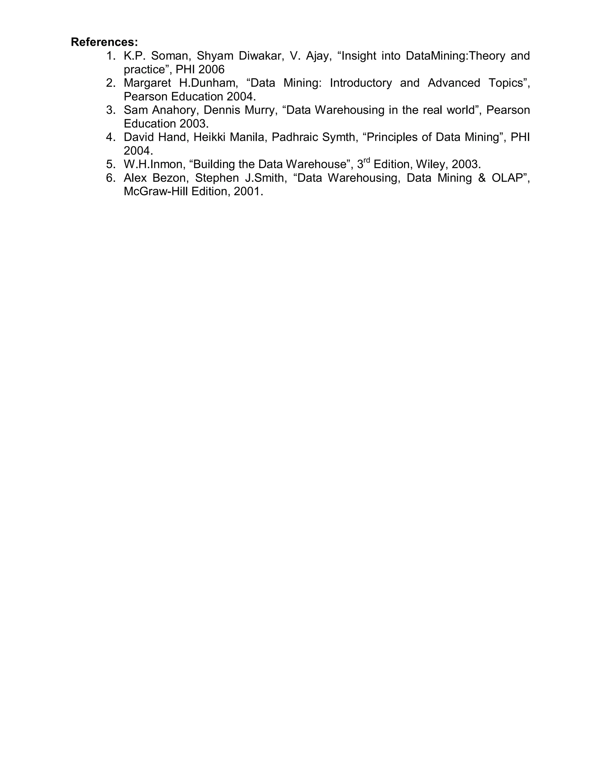 References:
      1. K.P. Soman, Shyam Diwakar, V. Ajay, “Insight into DataMining:Theory and
         practice”, PHI 2006
      2. Margaret H.Dunham, “Data Mining: Introductory and Advanced Topics”,
         Pearson Education 2004.
      3. Sam Anahory, Dennis Murry, “Data Warehousing in the real world”, Pearson
         Education 2003.
      4. David Hand, Heikki Manila, Padhraic Symth, “Principles of Data Mining”, PHI
         2004.
      5. W.H.Inmon, “Building the Data Warehouse”, 3rd Edition, Wiley, 2003.
      6. Alex Bezon, Stephen J.Smith, “Data Warehousing, Data Mining & OLAP”,
         McGraw-Hill Edition, 2001.
 
