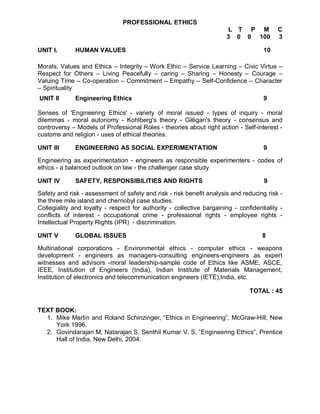 PROFESSIONAL ETHICS
                                                                       L T P M            C
                                                                       3 0 0 100          3

UNIT I.       HUMAN VALUES                                                          10

Morals, Values and Ethics – Integrity – Work Ethic – Service Learning – Civic Virtue –
Respect for Others – Living Peacefully – caring – Sharing – Honesty – Courage –
Valuing Time – Co-operation – Commitment – Empathy – Self-Confidence – Character
– Spirituality
UNIT II       Engineering Ethics                                                    9

Senses of 'Engineering Ethics' - variety of moral issued - types of inquiry - moral
dilemmas - moral autonomy - Kohlberg's theory - Gilligan's theory - consensus and
controversy – Models of Professional Roles - theories about right action - Self-interest -
customs and religion - uses of ethical theories.

UNIT III      ENGINEERING AS SOCIAL EXPERIMENTATION                                 9

Engineering as experimentation - engineers as responsible experimenters - codes of
ethics - a balanced outlook on law - the challenger case study

UNIT IV       SAFETY, RESPONSIBILITIES AND RIGHTS                                    9

Safety and risk - assessment of safety and risk - risk benefit analysis and reducing risk -
the three mile island and chernobyl case studies.
Collegiality and loyalty - respect for authority - collective bargaining - confidentiality -
conflicts of interest - occupational crime - professional rights - employee rights -
Intellectual Property Rights (IPR) - discrimination.

UNIT V        GLOBAL ISSUES                                                         8

Multinational corporations - Environmental ethics - computer ethics - weapons
development - engineers as managers-consulting engineers-engineers as expert
witnesses and advisors -moral leadership-sample code of Ethics like ASME, ASCE,
IEEE, Institution of Engineers (India), Indian Institute of Materials Management,
Institution of electronics and telecommunication engineers (IETE),India, etc.

                                                                               TOTAL : 45


TEXT BOOK:
  1. Mike Martin and Roland Schinzinger, “Ethics in Engineering”, McGraw-Hill, New
     York 1996.
  2. Govindarajan M, Natarajan S, Senthil Kumar V. S, “Engineering Ethics”, Prentice
     Hall of India, New Delhi, 2004.
 