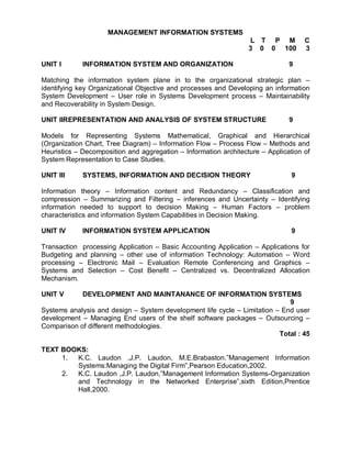 MANAGEMENT INFORMATION SYSTEMS
                                                                  L T P M           C
                                                                  3 0 0 100         3

UNIT I       INFORMATION SYSTEM AND ORGANIZATION                               9

Matching the information system plane in to the organizational strategic plan –
identifying key Organizational Objective and processes and Developing an information
System Development – User role in Systems Development process – Maintainability
and Recoverability in System Design.

UNIT IIREPRESENTATION AND ANALYSIS OF SYSTEM STRUCTURE                         9

Models for Representing Systems Mathematical, Graphical and Hierarchical
(Organization Chart, Tree Diagram) – Information Flow – Process Flow – Methods and
Heuristics – Decomposition and aggregation – Information architecture – Application of
System Representation to Case Studies.

UNIT III     SYSTEMS, INFORMATION AND DECISION THEORY                           9

Information theory – Information content and Redundancy – Classification and
compression – Summarizing and Filtering – inferences and Uncertainty – Identifying
information needed to support to decision Making – Human Factors – problem
characteristics and information System Capabilities in Decision Making.

UNIT IV      INFORMATION SYSTEM APPLICATION                                     9

Transaction processing Application – Basic Accounting Application – Applications for
Budgeting and planning – other use of information Technology: Automation – Word
processing – Electronic Mail – Evaluation Remote Conferencing and Graphics –
Systems and Selection – Cost Benefit – Centralized vs. Decentralized Allocation
Mechanism.

UNIT V      DEVELOPMENT AND MAINTANANCE OF INFORMATION SYSTEMS
                                                                             9
Systems analysis and design – System development life cycle – Limitation – End user
development – Managing End users of the shelf software packages – Outsourcing –
Comparison of different methodologies.
                                                                          Total : 45

TEXT BOOKS:
     1. K.C. Laudon ,J.P. Laudon, M.E.Brabaston.”Management Information
        Systems:Managing the Digital Firm”,Pearson Education,2002.
     2. K.C. Laudon ,J.P. Laudon,”Management Information Systems-Organization
        and Technology in the Networked Enterprise”,sixth Edition,Prentice
        Hall,2000.
 